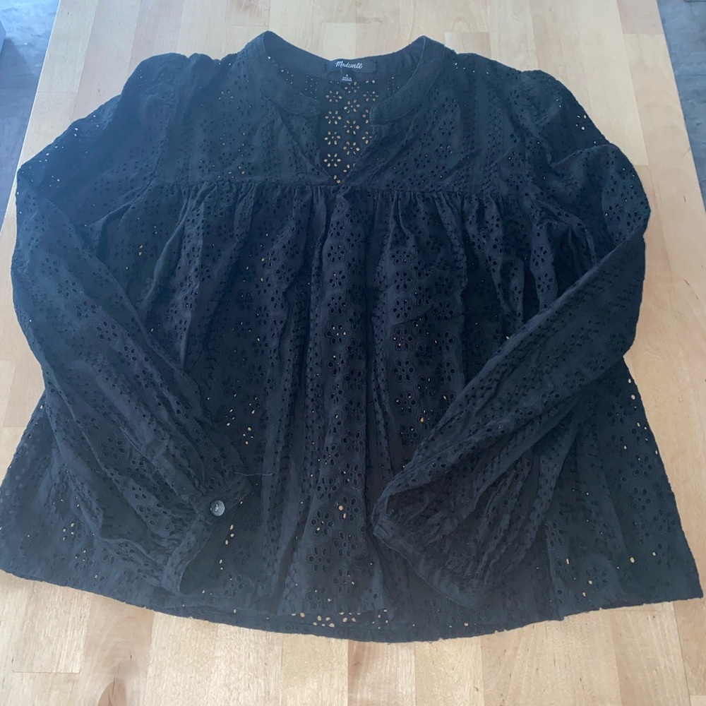Madewell Black Eyelet lace long sleeve blouse